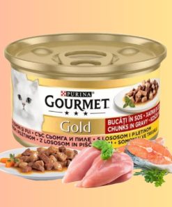 کنسرو گربه گورمت آلمانی چانک مرغ و ماهی سالمون (Gourmet)